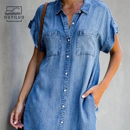 Patch Pocket Ladies Denim Dress Short Sleeve Pockets Single Breasted Women Shirt Knee Length Party Beach Sexy Ladies Dresses