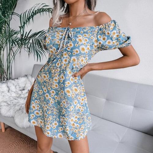 WYWMY Summer Floral Print Dress Slash Neck Sexy Mini Dresses for Women Short Sleeve Party Sundress Beach Boho Vestido Robe Femme