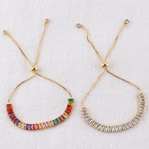 Gold Copper Crystal Bracelets For Women CZ Rainbow Bracelet Girls Tennis Adjustable Rhinestone Bangle Jewelry