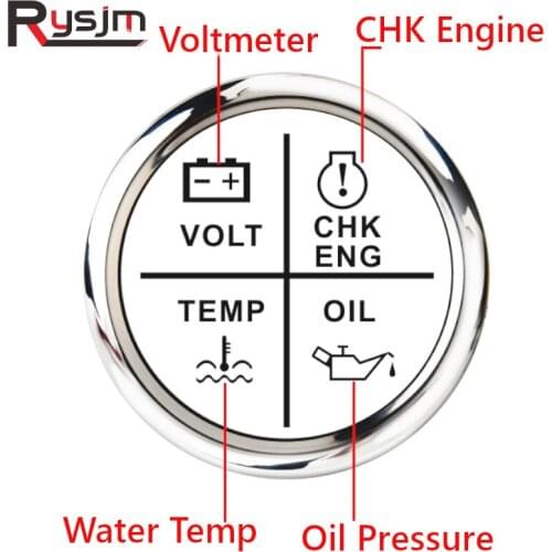 52 mm Alarm Gauge Meter Volt/Oil Pressure/Water Temp/Check Engine 4 LED Alarm Indicator Gauge fit Marine Boat Car 9~32 V