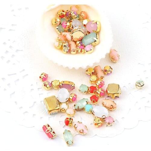 60Pcs Mixed Shape Resin Opal Sew On Rhinestone Gold Claw Strass Diamond Stones DIY Nail Art Decoration Tools