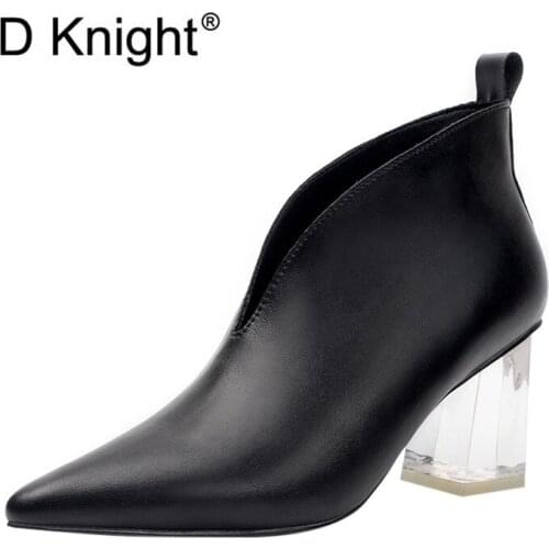 Winter Ankle Boots For Women New Genuine Leather Transparent Thick Heel Ladies Shoes Western Boots Retro High-heeled Shoes Women