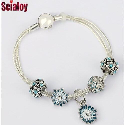 Seialoy Fashion Multi Snake Chain Bracelets For Women Girl Original Blue Daisy Flower Charm Beads Bracelet & Bangle Jewelry Gift