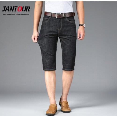 Jantour Summer Business Blue Men Over knee Denim Shorts Fit Straigh Fashion Classic Black Stretch Calf-Length Jeans Short Male