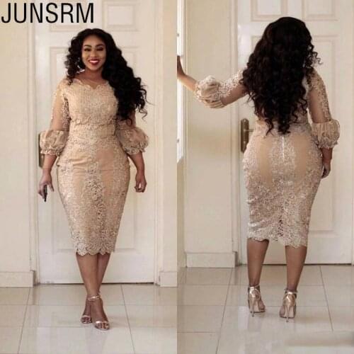 Elegant Short Lace Plus Size Mother of the Bride Dresses Long Puff Sleeve Sheath Tea Length Women Formal Party Gowns Custom Size