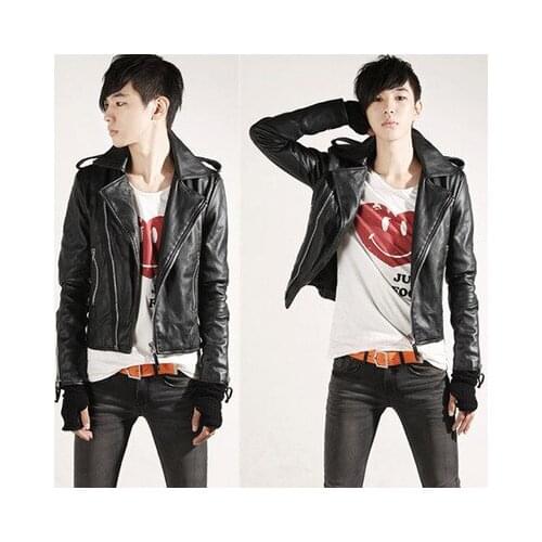 Men Spring Autumn Korean Slim Slanted Zipper Motorcycle Leather Jacket Short Casual Outwear Free Shipping