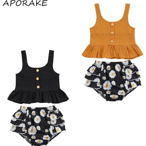 2021 0-4Y Summer Kids Baby Girl Clothes Set Button Solid Color Sleeveless Top Cotton Linen Vest+Daisy Print Layered Shorts 2pcs