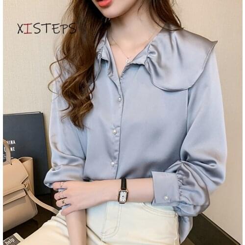 Fashion Women Satin Blouses Female Designer Blue Shirts Korean Blouse 2021 Ladies Clothes Women Tops And Bloues