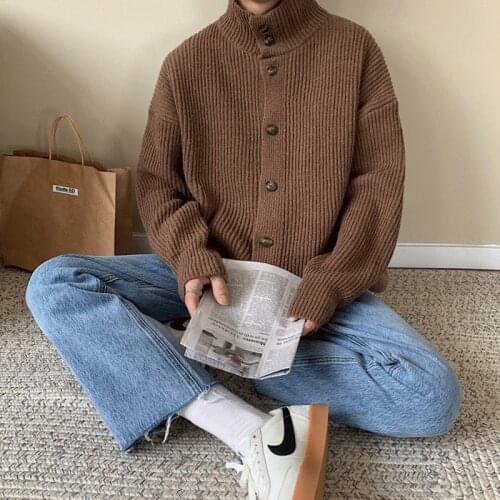 Neploha 2021 Winter Solid Color Turtleneck Sweater For Men Casual Loose Button Cardigan Sweater Vantage Male Tops Cloth