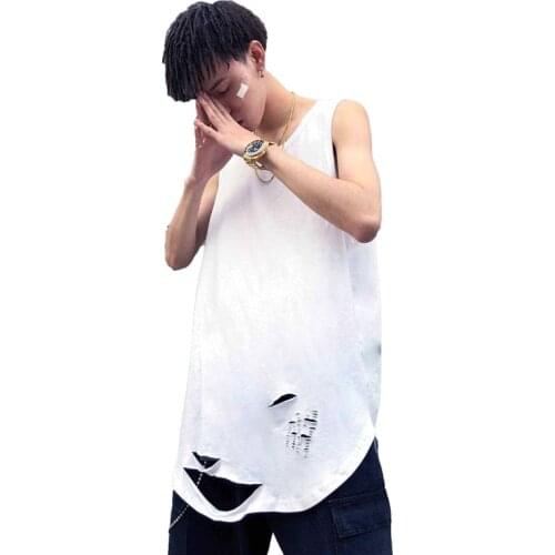 BANNAJI Men`s Street Style T Shirts Sleeveless Tops Ripped Holes Korean Streetwear Outerwear Tees For Hipster Plus Size M-5XL