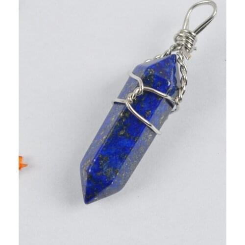 Natural Lapis Lazuli Lucky Point GEM Pendant Wire Wrapping Jewelry S1232