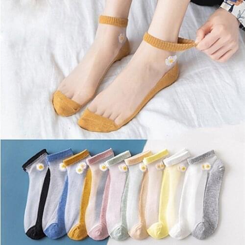 New Women Daisy Ankle Socks Summer Ultra-thin Sweet Candy Color Transparent Breathable Comfortable Elastic Short Soft Boat Socks