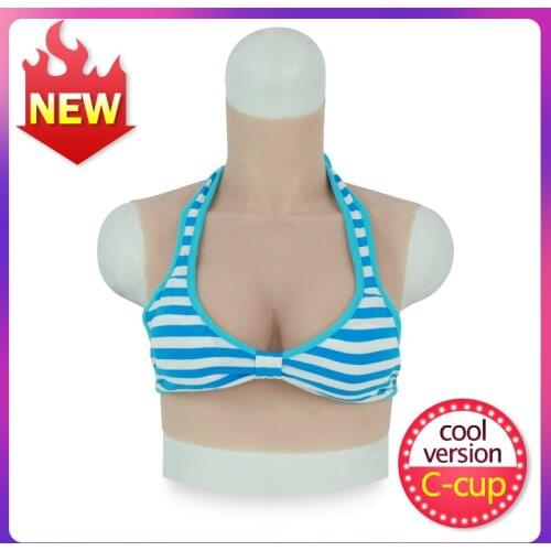 New Silicone C Cup Breast Crossdresser Huge Fake Boobs Form For Queen Shemale Transvestite Transsexual Latex Catsuit