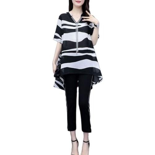 New Womens Summer Two-Piece Suits Western Style Casual Elegant Tassel Zebra Print Blouse Fashion Black Pencil Pants Plus Size