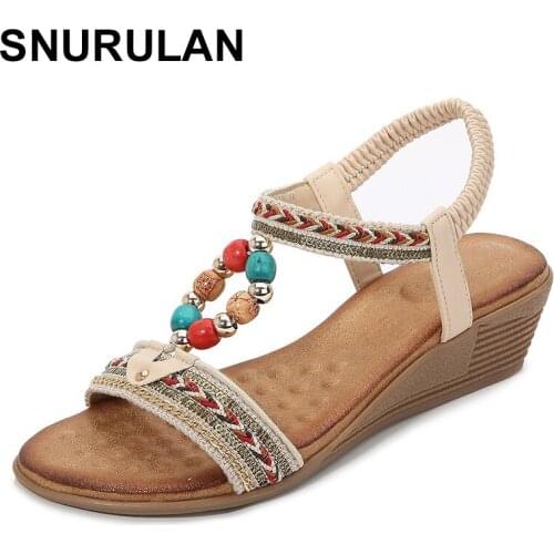 SNURULAN New Roman sandals women large size shoes for women summer ethnic style beaded slope with sandals for women sandalias