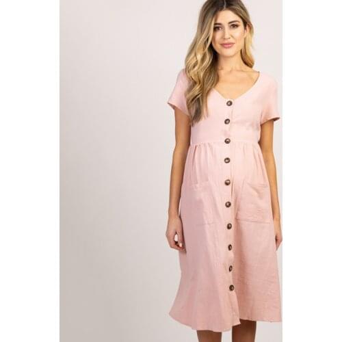 Maternity Wear Casual Plus Size Office Dress Loose Solid Color Buttons Pure Cotton Maternity V-Neck Dress
