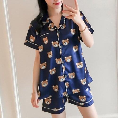 Pajamas Women 2020 Summer Ice Silk Two Pieces Pyjama Sets Sleepwear Nightwear for Women Cute Bear Loose Thin Home Service Suit