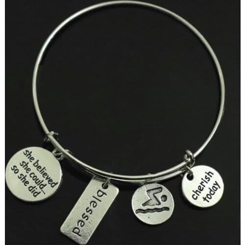 Popular casual swimming label bracelet cherish today & blessed pendant making adjustable retractable wire bangle dropship