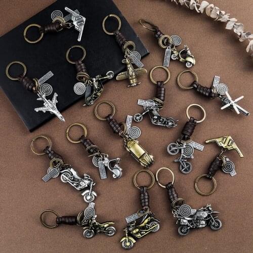 Retro Bronze Key Chain Creative Motorcycle Aircraft Leather Woven Keychain Steampunk Car Key Ring Alloy Pendant Accessories
