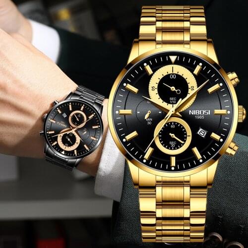 NIBOSI Luxury Gold Men Watches Sports Waterproof Chronograph Quartz Wristwatch Stainless Steel Watch Men Relogio Masculino