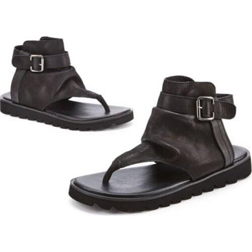 Vintage Men Buckle Strap Sandals Gladiators British Flip Flops Genuine Leather Summer Shoes Top Quality Casual Beach Sandals