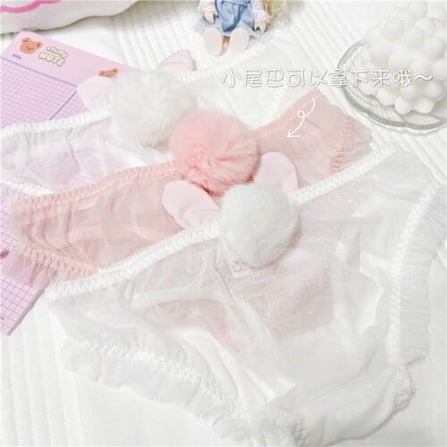 Cute girl Sexy Panty Rabbit Hair ball Rabbit Tail Underpants Mesh transparent Cotton Lace Girl Student Kawaii Low Waist Panties
