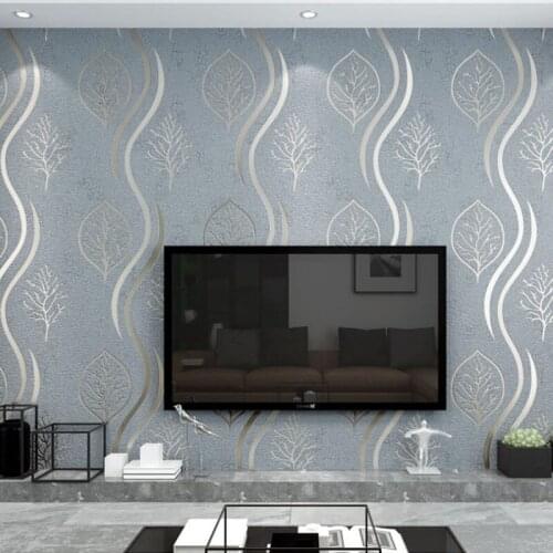 Modern Striped Wallpaper Roll Non Woven Simple Wave Pattern Leaf Suede TV Wall Sticker Living Room Bedroom 3D Wall paper Gray