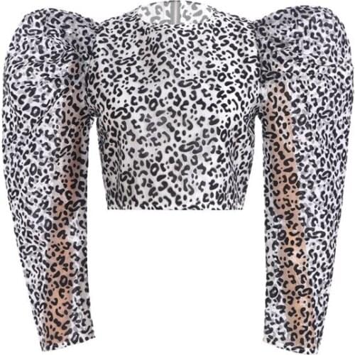 Vintage Shirts For Women Leopard Organza Back Zipper O-Neck Puff Sleeve Tops Spring New Casual Streetwear