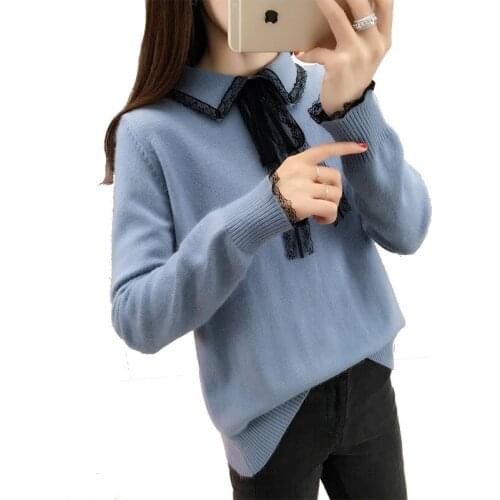 Korean Style Womnes Autumn Spring Sweaters Slim Solid with Lace Pullovers Knitted Turn Down Collar Long Sleeve Casual Jumpers