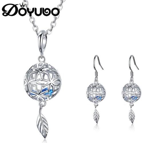 DOYUBO Antique Womens Sterling Silver Hollowed Round Ball Necklace & Earrings Jewelry Set High Quality Fashion CZ Jewelry AB002
