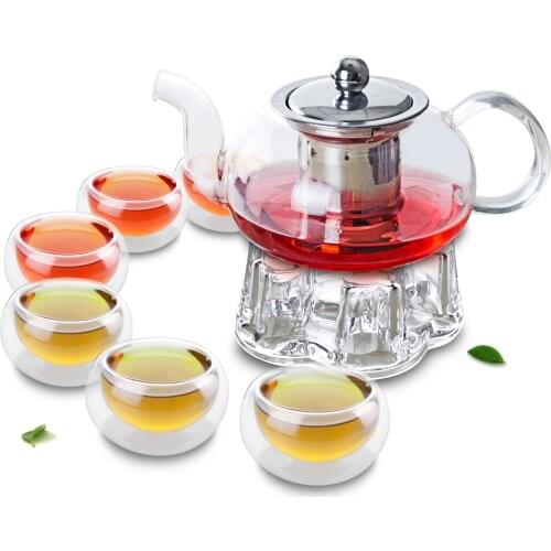 1x 8in1 Kung fu Coffee Tea Set B-625ml Short Low Glass Tea Pot w/Stainless Steel Filter+Crystal Warmer +6* Double Wall Layer Cup