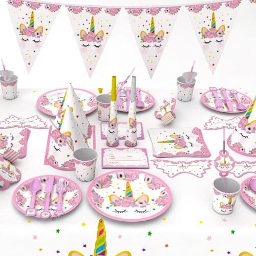 66PCS Unicorn Decorations Kids Birthday Party Baby Boy Shower Party Decoration Set Banner Table Cloth Straws Cup Plates Supplies