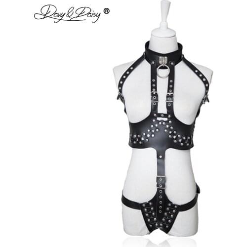 DAVYDAISY Women Sexy Bodysuits Harness Open Bust PU Leather Collar Choker Catsuits Sexy Lingerie Teddies Sexy Costumes TE516