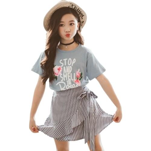 Kids Clothes Floral Teenage Girls Clothing Tshirt + Striped Skirt Girls Clothing Sets Striped Costumes For Children