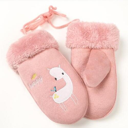 Childrens Lovely Plus Plush Gloves Cartoon Bear Suede Leather Mittens Boys/Girls Winter Thick Warm Print Gloves Handschoenen