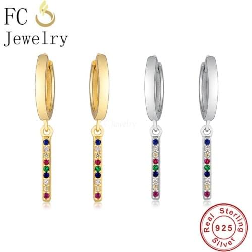 FC Jewelry 925 Silver Unusual Small Gold Color Sqaure Rainbow Stripe Zirconia Pendant Hoop Earring For Women Accessories 2020