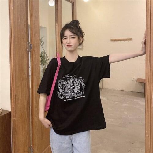 Printed round neck cartoon printed T-shirt womens short-sleeved summer new college style loose clothing T-shirt