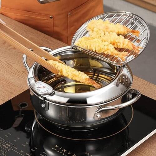 Deep Frying Pot Thermometre Tempura Fryer Pan Temperature Control Fried Chicken Pot Cooking Tools 304 Stainless Steel Fryer