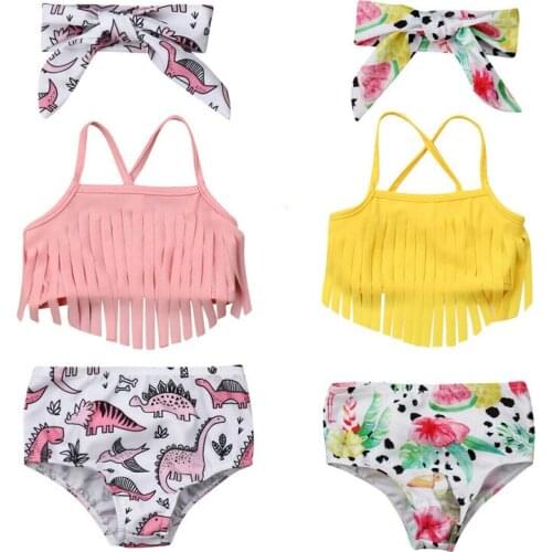 Baby Girls Bikini Set Halter Tassel Tops Dinosaur Printed Shorts Swimwear Infant Baby Girl Beach Swimming Outfits Three-Piece
