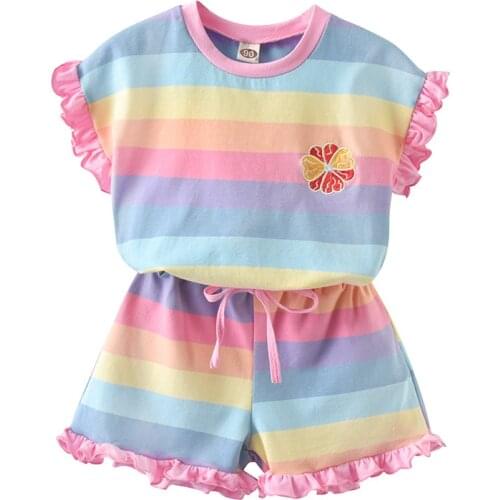 Toddler Girls Set Summer Short Sleeve Clothes Set Rainbow Printed T-shirt Pants 2pcs Outfits Solid Baby Kids Movement Outfits