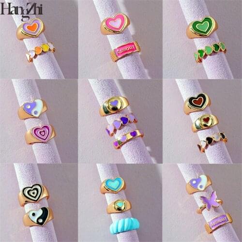 HangZhi 2021 Retro 2-3Pcs/Lot Colorful Contrast Heart Metal Dripping Oil Glaze Enamel Ring Sets for Women Girls Party Jewelry