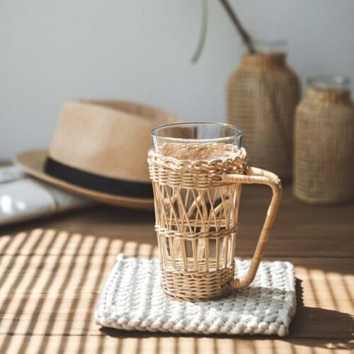 Anti-scald Cover Cup Holder with Handle Protection Cover Hand-woven Rattan Water Cup Cover Breakfast Milk Glass Cup Accessories
