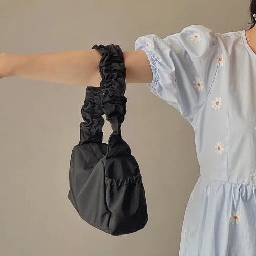 Casual Fold Ladies Underarm Shoulder Bag Vintage Nylon Women Small Hobos Handbags Simple Female Baguette Armpit Bag Clutch Purse