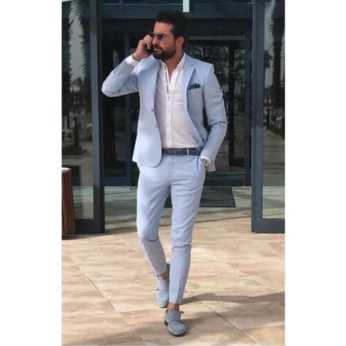 2 Pieces Smart Casual Light Blue Wedding Suit For Men One Button Slim Fit Men Suit Groom Wear Best Man Blazer Pants