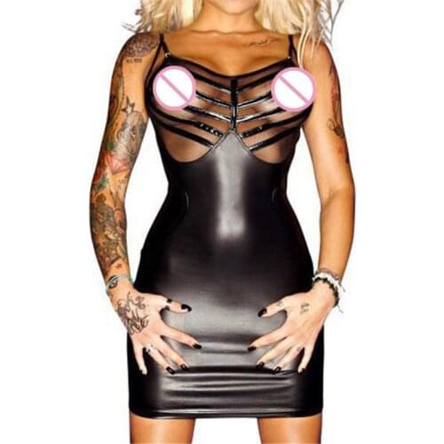 Sexy Faux Leather Dress Black Dress Gothic Fetish Clubwear Dance Club Wear PVC Catsuit Sexy Open Bust Shiny Dresses Clubwear