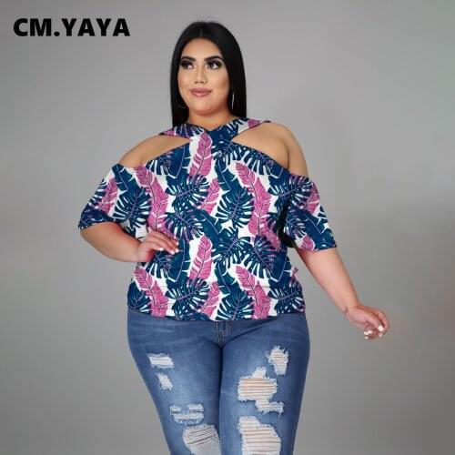CM.YAYA Women Plus Size T-shirts Tie Dye Print Off Shoulder Short Ruffles Sleeve Loose Tops Tees Femals Fahion High Streetwear