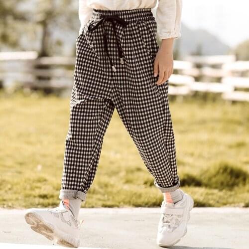 Spring Autumn Girls Pants Cotton plaid Harem Sweatpant Kids Trousers 3-13 Years Girl Children Clothes Elastic Waist Jogger Pants
