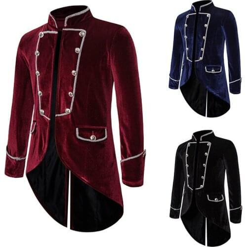 Halloween Medieval Men Vintage Tuxedo Long Sleeve Stand Collar Renaissance Steampunk Embroidery Jacket Carnival Prince Costume