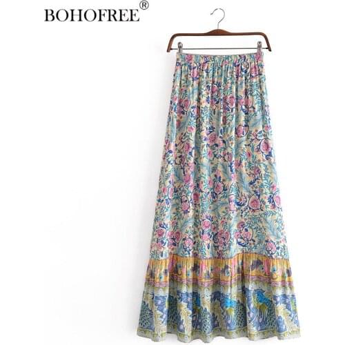 Boho Vinatge Rayon Cotton Maxi Hippie Skirts Floral Print Elastic Waist Women Vestidos Fadal Summer Skirts Bohemian