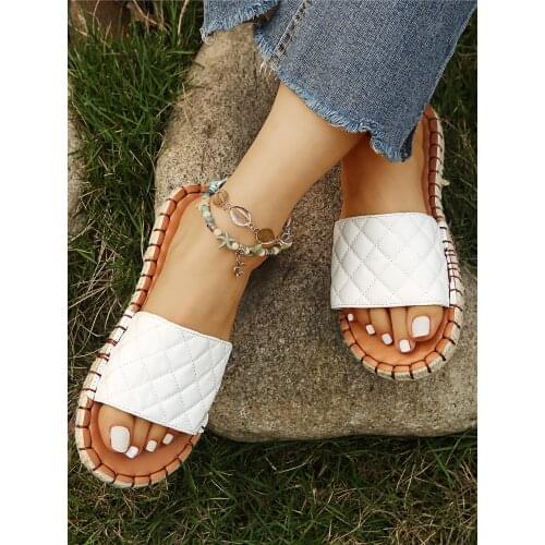 De cuero suave tejido zapatillas mujer Zapatillas de verano diapositivas 2021 tacones planos playa Casual desliza Zapatos Mujer